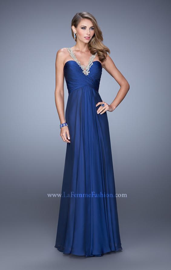 Picture of: Chiffon Low V Prom Dress with Embroidered Accents in Blue, Style: 21207, Detail Picture 3