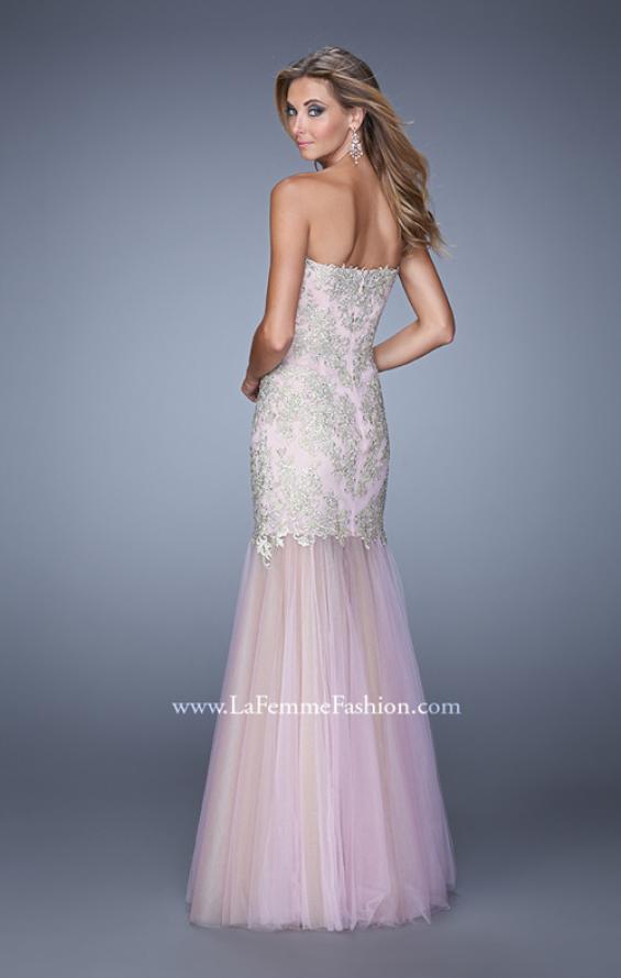 Picture of: Embroidered Mermaid Dress with Sheer Tulle Skirt in Pink, Style: 21216, Back Picture