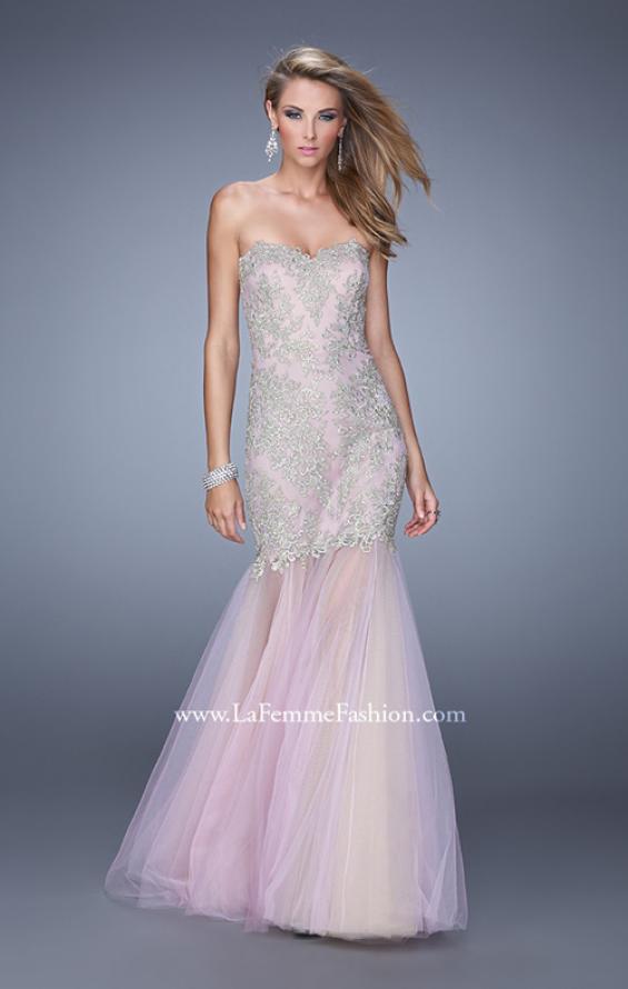 Picture of: Embroidered Mermaid Dress with Sheer Tulle Skirt in Pink, Style: 21216, Detail Picture 1