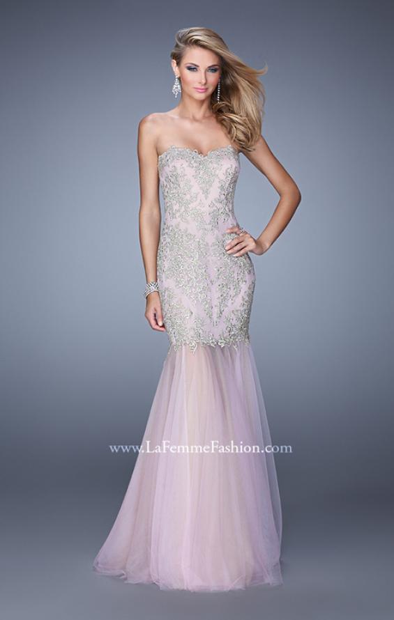 Picture of: Embroidered Mermaid Dress with Sheer Tulle Skirt in Pink, Style: 21216, Detail Picture 2