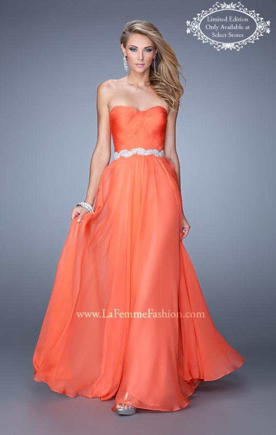 Picture of: Long Chiffon Prom Dress with Pearl and Rhinestone Belt in Orange, Style: 21218, Main Picture