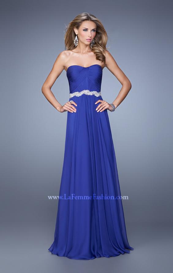 Picture of: Long Chiffon Prom Dress with Pearl and Rhinestone Belt in Blue, Style: 21218, Detail Picture 1