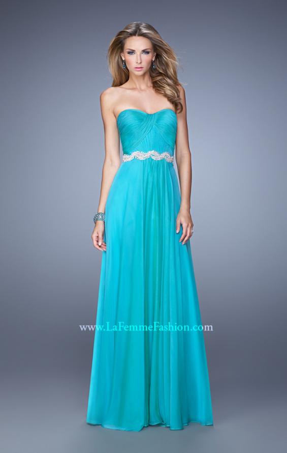 Picture of: Long Chiffon Prom Dress with Pearl and Rhinestone Belt in Aqua, Style: 21218, Detail Picture 2