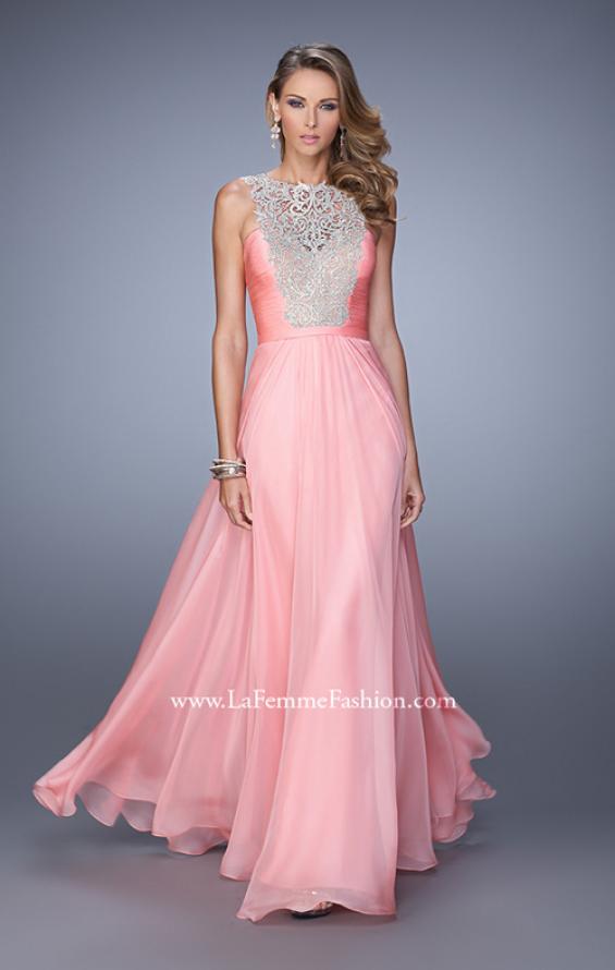 Picture of: High Scoop Neckline Prom Gown with Rhinestone Detail in Coral, Style: 21222, Detail Picture 1