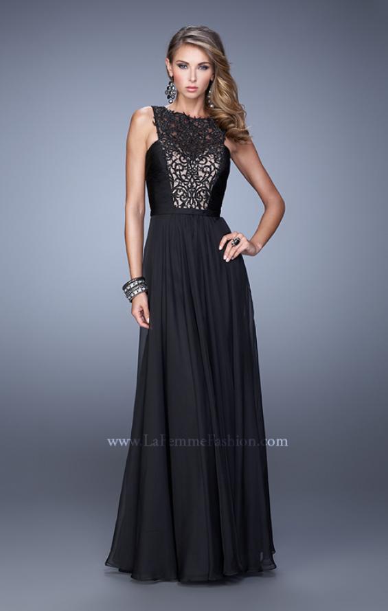 Picture of: High Scoop Neckline Prom Gown with Rhinestone Detail in Black, Style: 21222, Detail Picture 3