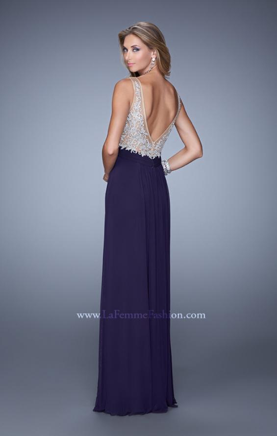 Picture of: Glam V Neckline Prom Dress with Metallic Embroidery in Plum, Style: 21223, Back Picture