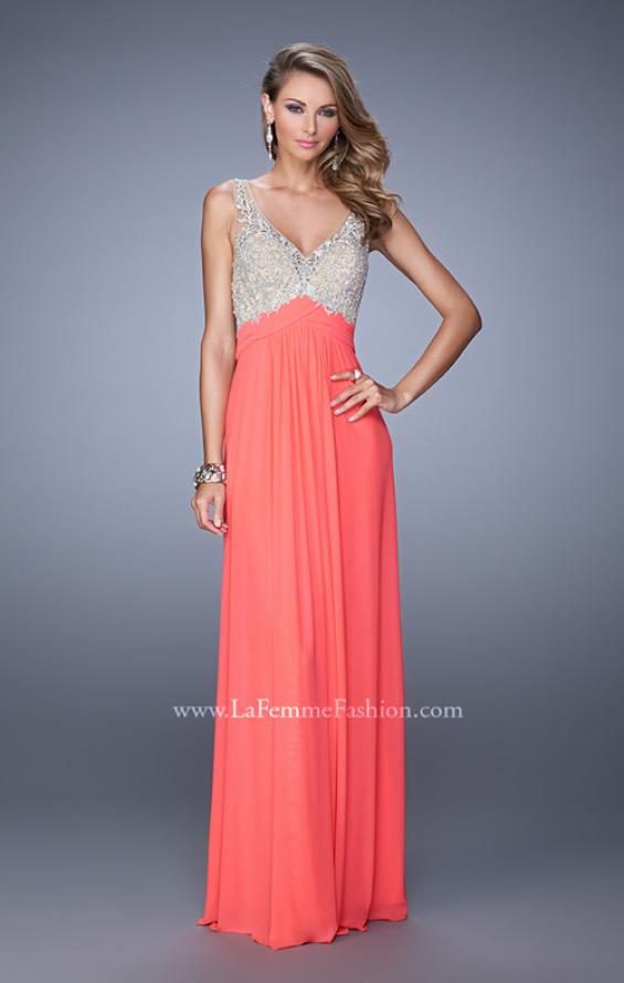 Picture of: Glam V Neckline Prom Dress with Metallic Embroidery in Coral, Style: 21223, Detail Picture 1
