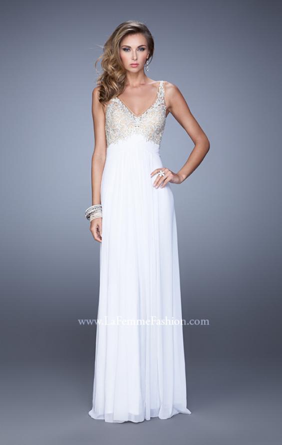 Picture of: Glam V Neckline Prom Dress with Metallic Embroidery in White, Style: 21223, Detail Picture 3