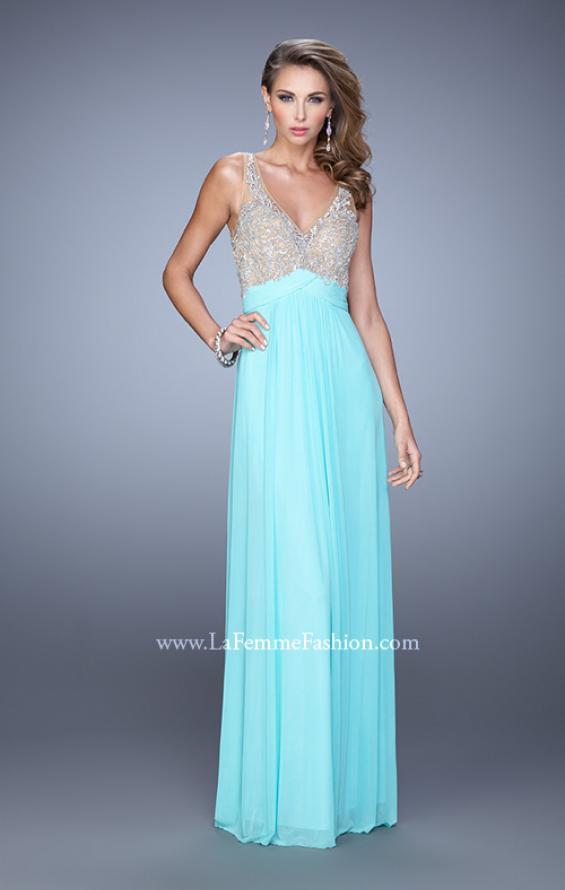Picture of: Glam V Neckline Prom Dress with Metallic Embroidery in Aqua, Style: 21223, Detail Picture 5