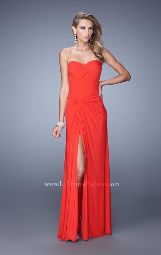 Picture of: Long Jersey Prom Dress with Gathered Knot Detail in Orange, Style: 21254, Main Picture