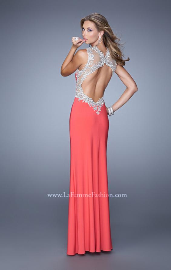 Picture of: Sheer Halter Prom Dress with Metallic Embroidery in Coral, Style: 21255, Back Picture