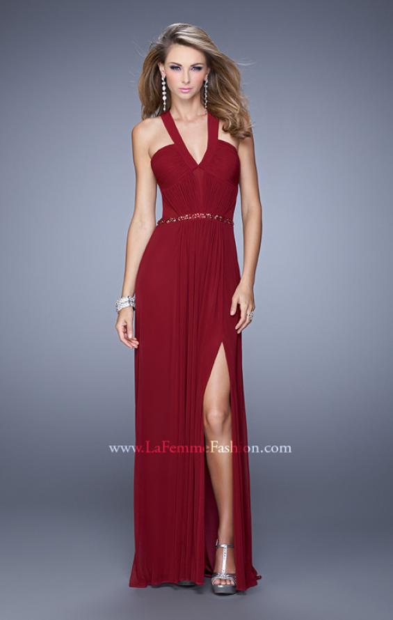 Picture of: Ruched Bodice V Neckline Prom Dress with Beaded Belt in Burgundy, Style: 21260, Detail Picture 1