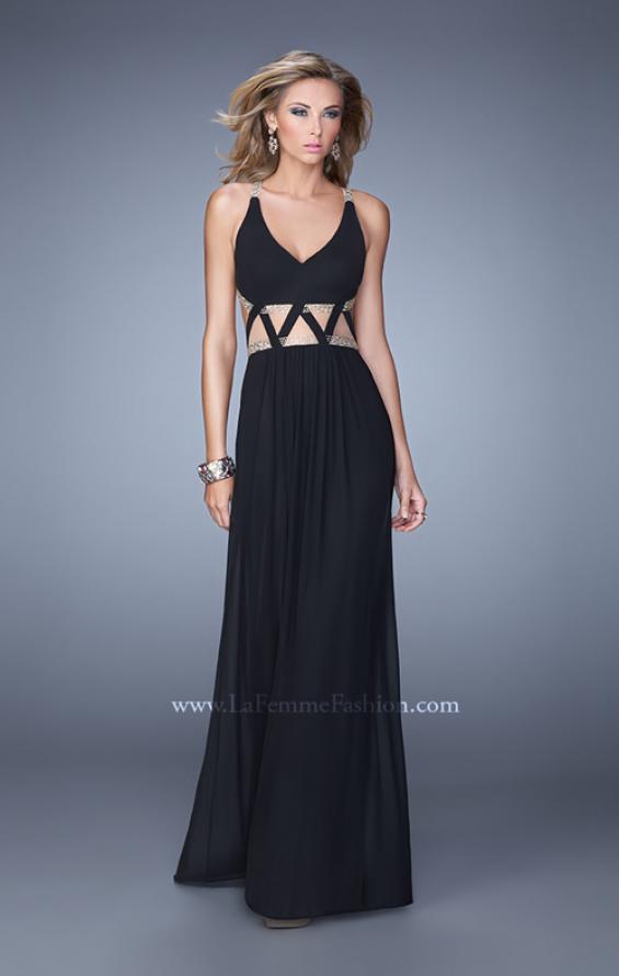 Picture of: Rhinestone Trim Long Prom Dress with Sheer Detail in Black, Style: 21262, Main Picture