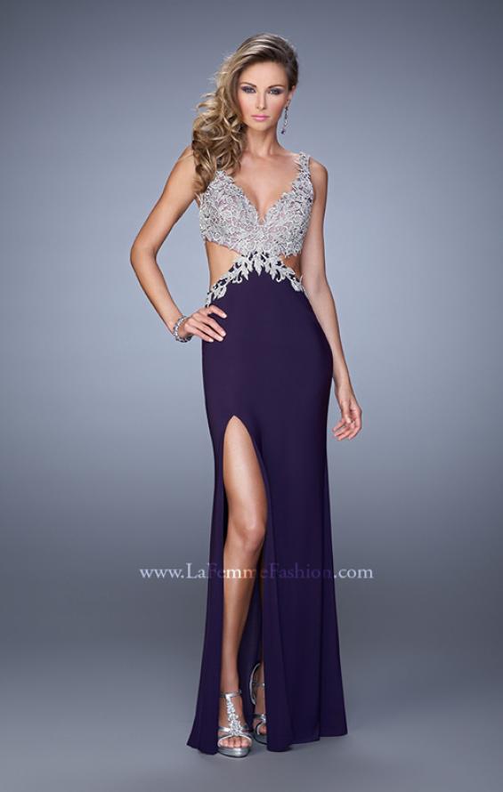 Picture of: Sultry Jersey Prom Dress with Open Back and Cut Outs in Purple, Style: 21281, Detail Picture 1