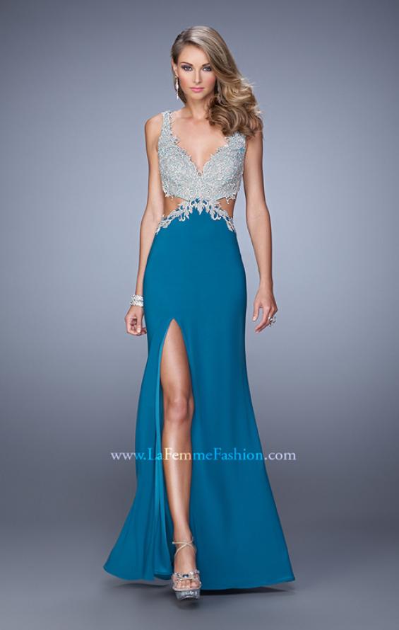 Picture of: Sultry Jersey Prom Dress with Open Back and Cut Outs in Peacock, Style: 21281, Detail Picture 2