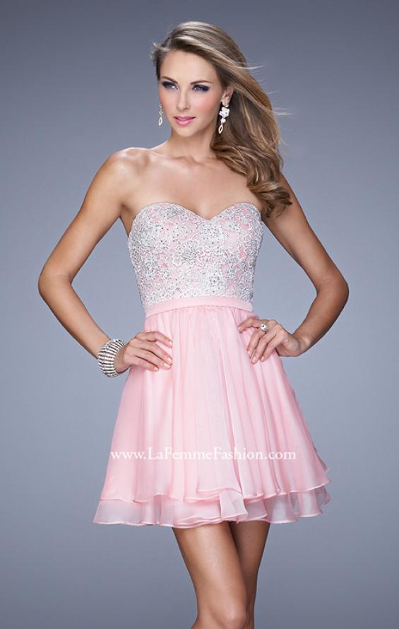 Picture of: Chiffon Cocktail Dress with Tiered Skirt and Lace Overlay in Pink, Style: 21284, Detail Picture 1