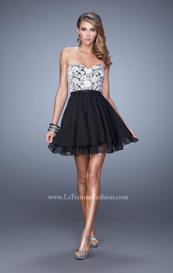 Picture of: Chiffon Cocktail Dress with Tiered Skirt and Lace Overlay in Black, Style: 21284, Detail Picture 3