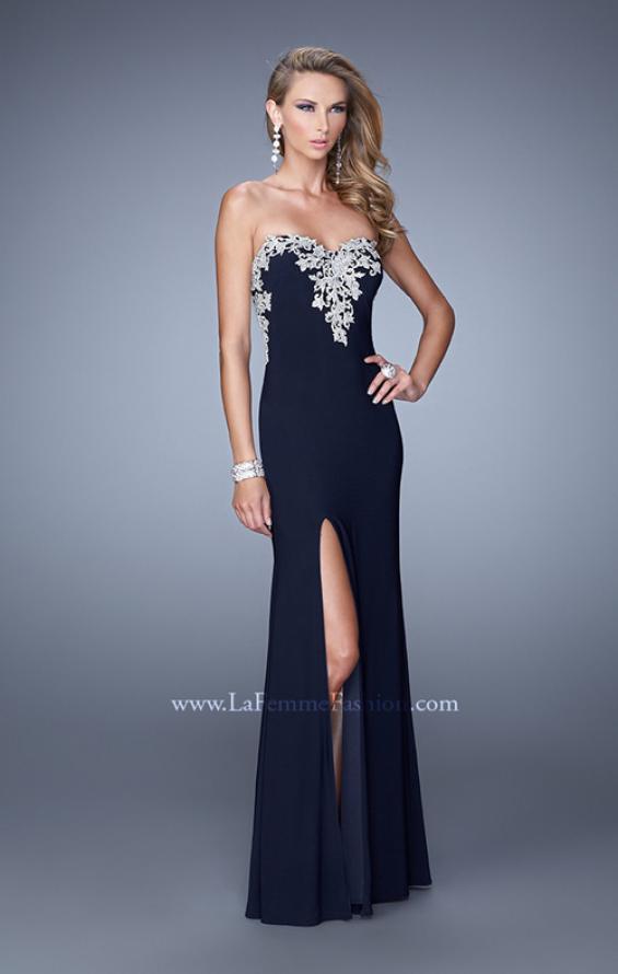 Picture of: Long Jersey Prom Dress with Metallic Embroidery and Slit in Navy, Style: 21292, Main Picture