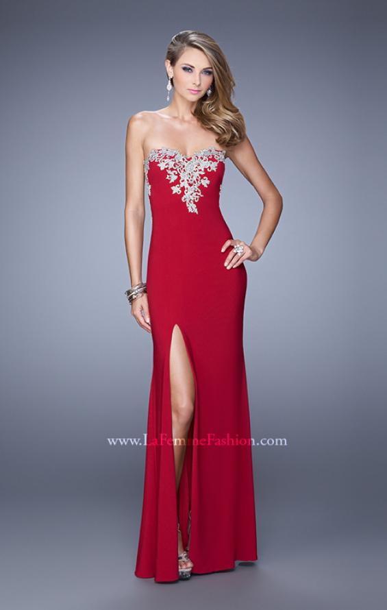 Picture of: Long Jersey Prom Dress with Metallic Embroidery and Slit in Red, Style: 21292, Detail Picture 1