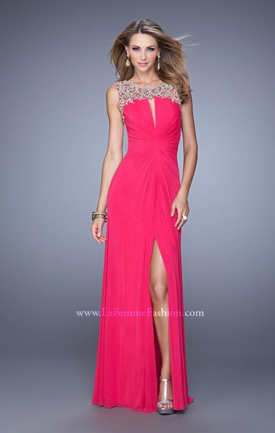 Picture of: Glam Long Prom Gown with Open Back and Center Slit in Hot Pink, Style: 21293, Detail Picture 1