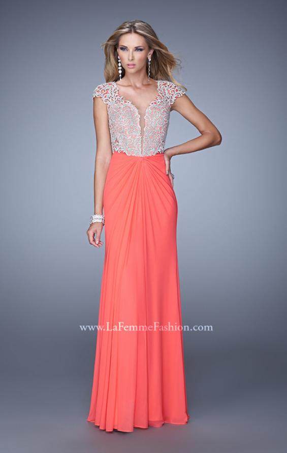 Picture of: Net Jersey Prom Dress with Plunging V Neckline in Coral, Style: 21294, Main Picture