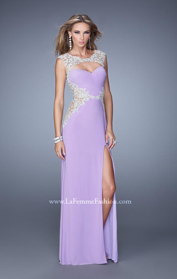 Picture of: Long Jersey Dress with Sheer Detail and Side Leg Slit in Purple, Style: 21296, Main Picture