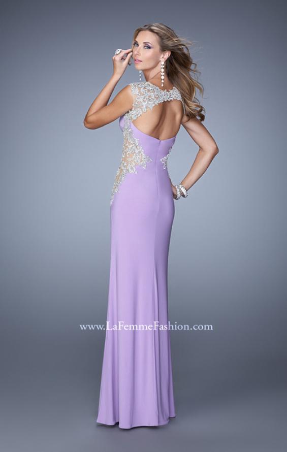 Picture of: Long Jersey Dress with Sheer Detail and Side Leg Slit in Purple, Style: 21296, Back Picture
