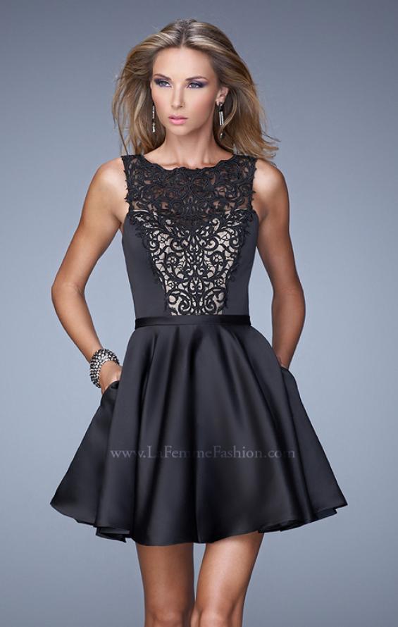 Picture of: Satin Cocktail Dress with Embroidered Overlay and Pockets in Black, Style: 21297, Main Picture