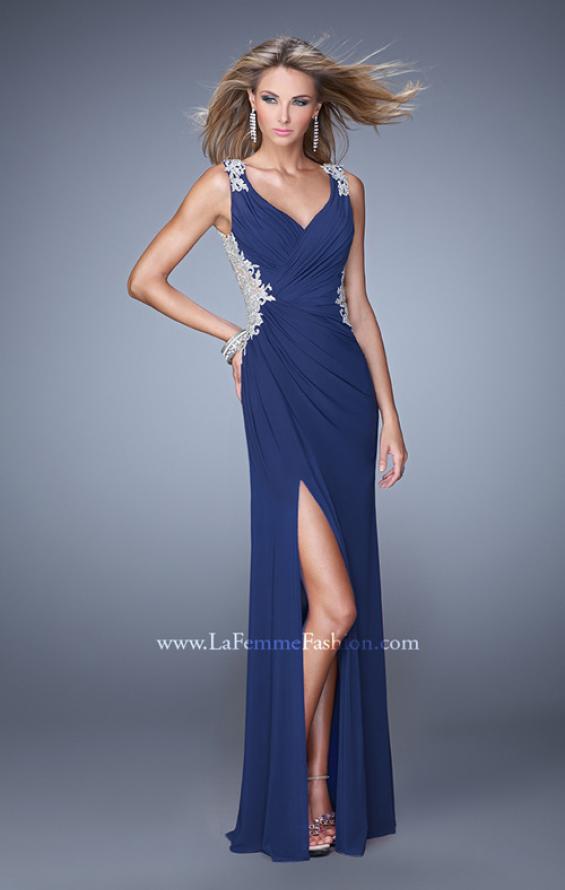 Picture of: Embroidered Long Jersey Prom Dress with Gathered Bodice in Navy, Style: 21301, Detail Picture 2