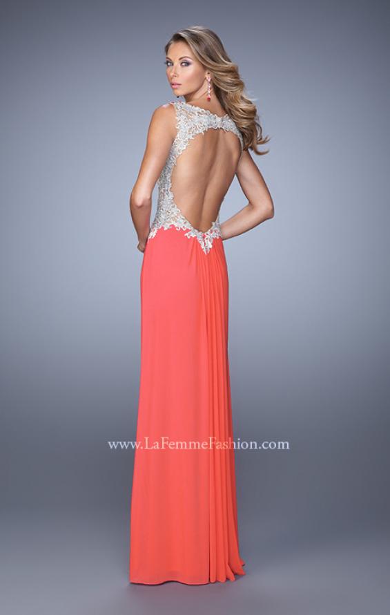 Picture of: Embroidered Long Jersey Prom Dress with Gathered Bodice in Coral, Style: 21301, Detail Picture 3