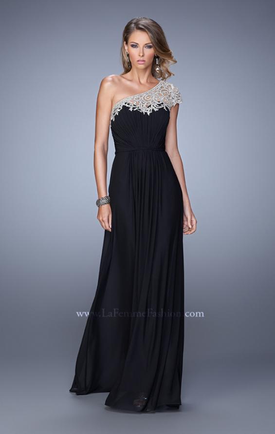 Picture of: One Shoulder Prom Dress with Embroidered Sleeves in Black, Style: 21309, Detail Picture 3