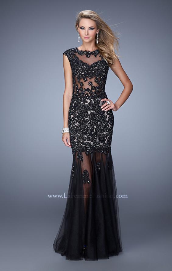 Picture of: Long Gown with Sheer Neck, Tulle Skirt, and Cap Sleeves in Black, Style: 21318, Main Picture