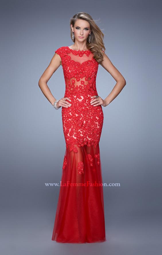 Picture of: Long Gown with Sheer Neck, Tulle Skirt, and Cap Sleeves in Red, Style: 21318, Detail Picture 1