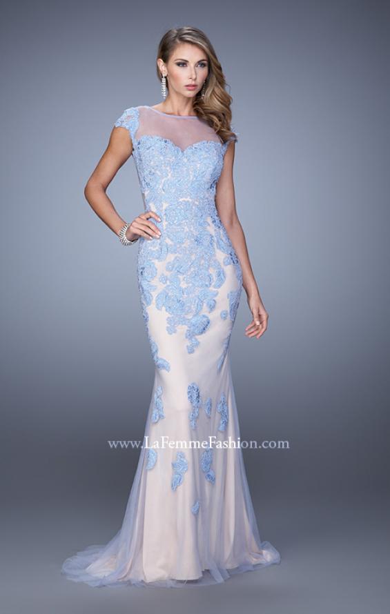 Picture of: Embellished Cap Sleeve Prom Dress with Open Back in Blue and White, Style: 21319, Detail Picture 1
