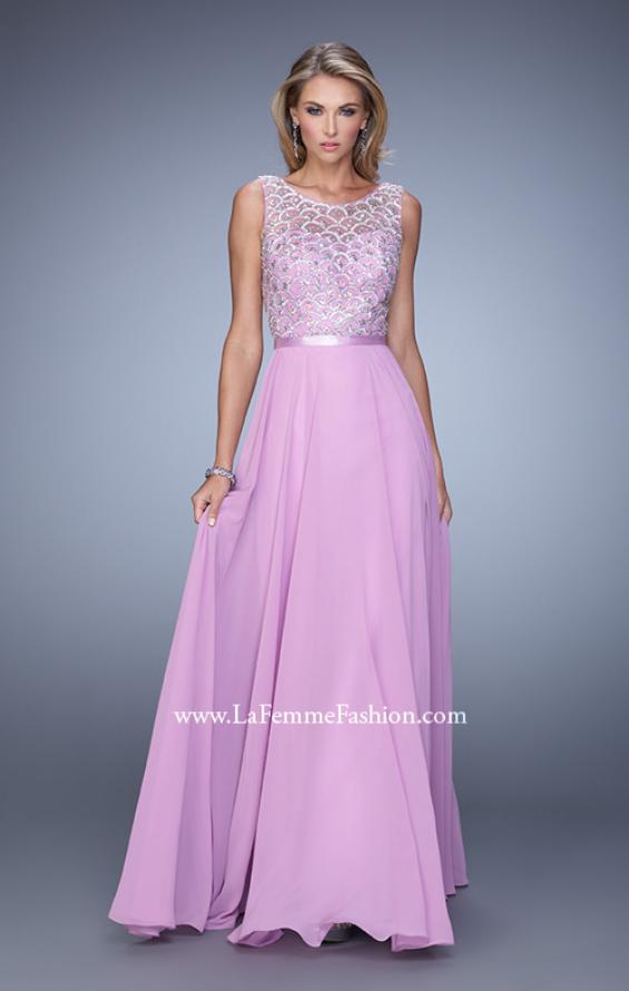 Picture of: Beaded Bodice Chiffon Prom Dress with Satin Belt in Purple, Style: 21322, Detail Picture 2
