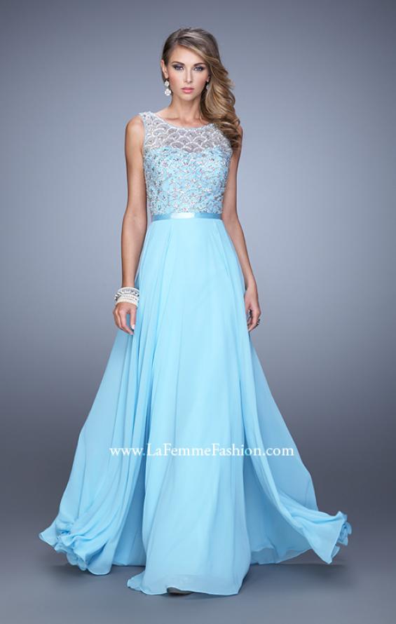 Picture of: Beaded Bodice Chiffon Prom Dress with Satin Belt in Blue, Style: 21322, Detail Picture 3