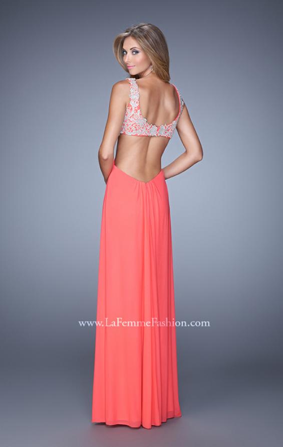 Picture of: Full Length Net Jersey Dress with Beaded Embroidery in Coral, Style: 21329, Back Picture
