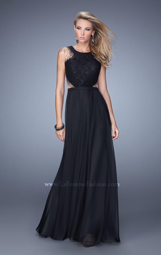Picture of: High Scoop Neck Chiffon Prom Dress with Lace Bodice in Black, Style: 21336, Main Picture
