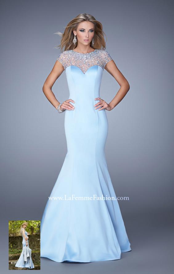 Picture of: Satin Mermaid Dress with Sheer Neck and Cap Sleeves in Blue, Style: 21345, Main Picture