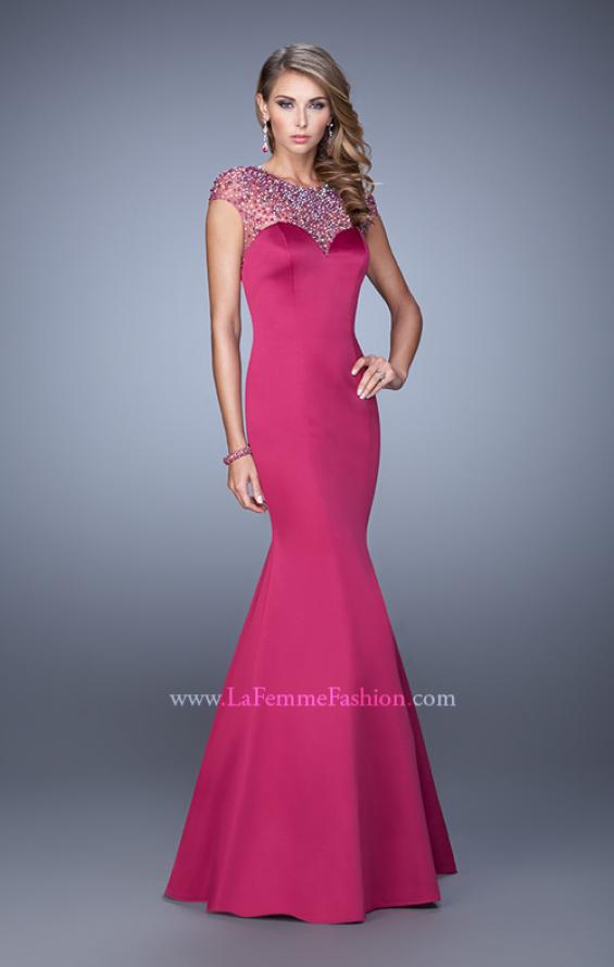 Picture of: Satin Mermaid Dress with Sheer Neck and Cap Sleeves in Hot Pink, Style: 21345, Detail Picture 2