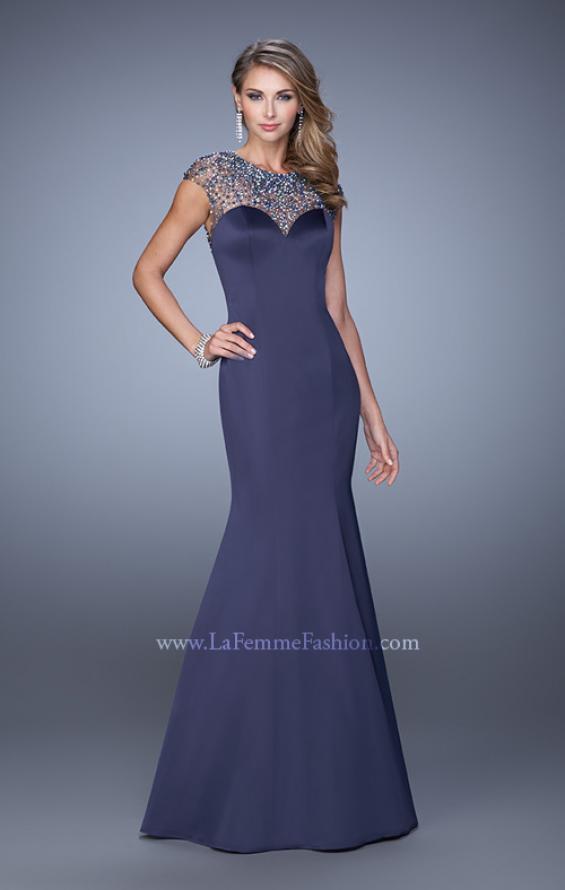 Picture of: Satin Mermaid Dress with Sheer Neck and Cap Sleeves in Navy, Style: 21345, Detail Picture 3