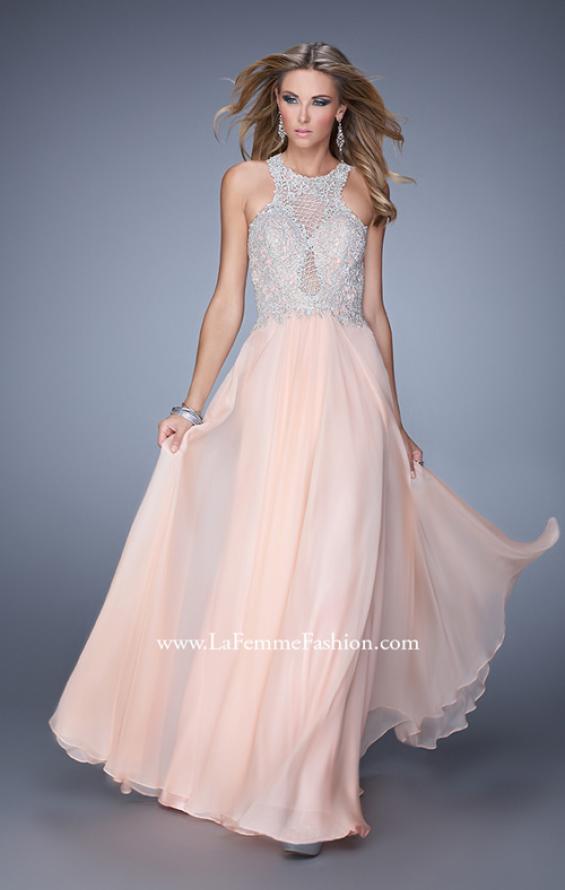 Picture of: Halter Chiffon Prom Dress with Metallic Embroidery in Peach, Style: 21349, Main Picture