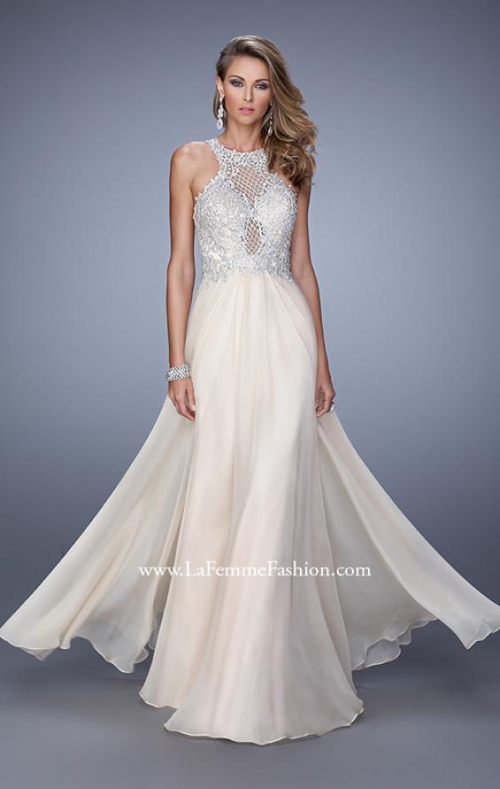 Picture of: Halter Chiffon Prom Dress with Metallic Embroidery in Nude, Style: 21349, Detail Picture 1