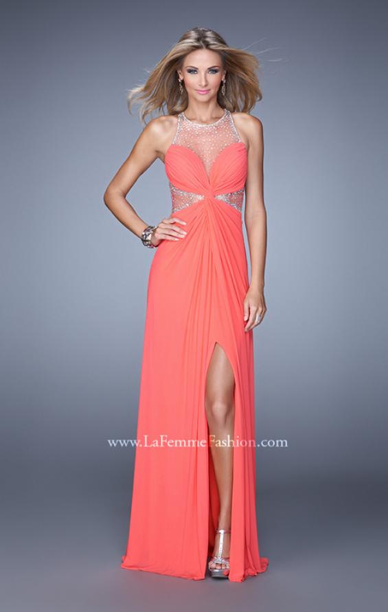 Picture of: Net Jersey Gown with Stones and Gathered Knot Detail in Coral, Style: 21355, Main Picture