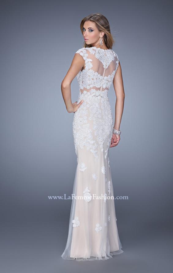 Picture of: Long Cap Sleeve Prom Dress with Lace Appliques and Stones in Nude, Style: 21371, Back Picture