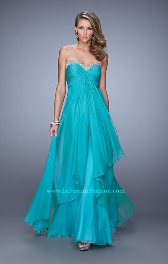 Picture of: Chiffon Prom Dress with Tiered Skirt and Embroidery in Peacock, Style: 21374, Detail Picture 1