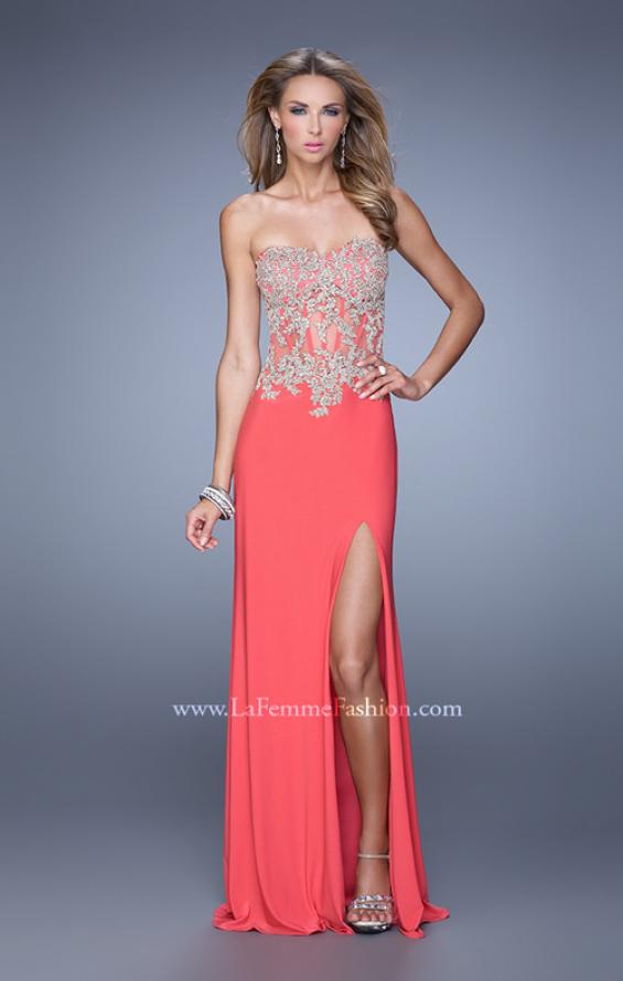 Picture of: Strapless Jersey Prom Gown with Corset Bodice in Coral, Style: 21387, Detail Picture 3