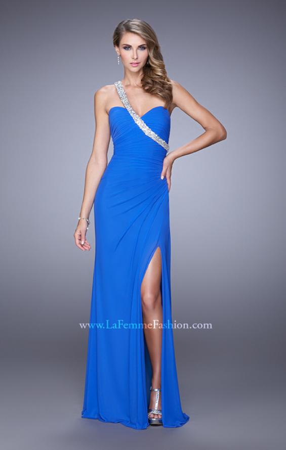 Picture of: One Shoulder Jersey Gown with Stones, Sequins, and Slit in Blue, Style: 21441, Main Picture