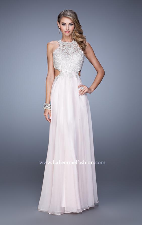 Picture of: Embroidered Bodice Chiffon Gown with Halter Neckline in Blush, Style: 21454, Detail Picture 2