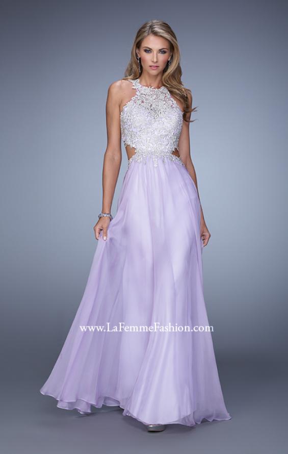 Picture of: Embroidered Bodice Chiffon Gown with Halter Neckline in Purple, Style: 21454, Detail Picture 3